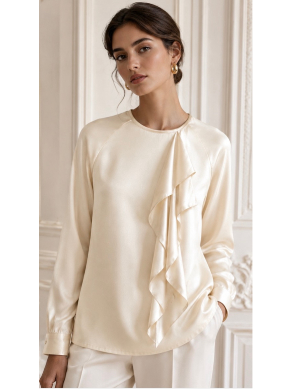 Miu Miu Silk Ruffle Blouse Beige Size 8 Italian Luxury New
